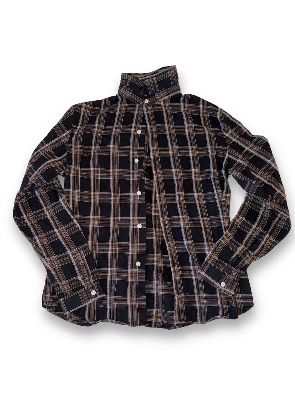 Romwe Men's Plaid Flannel Shirt | Navy White Black | Size M | Point Collar
